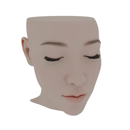 3D модель женского лица с закрытыми глазами, нейтральное выражение, гладкая кожа, без волос и ресниц