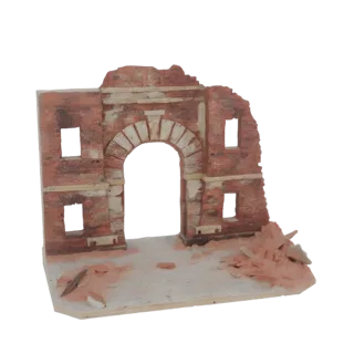 3D модель разрушенной римской арки с выветренным кирпичом, разбитыми окнами и обломками на основании для диорамы.