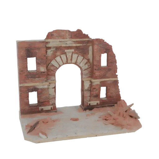 3D модель разрушенной римской арки с выветренным кирпичом, разбитыми окнами и обломками на основании для диорамы.