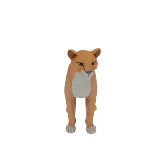 Низкополигональная, стилизованная 3D-модель львицы, стоящей на белом фоне, смотрящей вперед с нейтральным выражением.