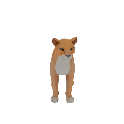 Низкополигональная, стилизованная 3D-модель львицы, стоящей на белом фоне, смотрящей вперед с нейтральным выражением.