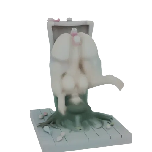 3D модель сюрреалистичной фигуры с капающей, абстрактной формой, появляющейся из унитаза, на плиточном основании.