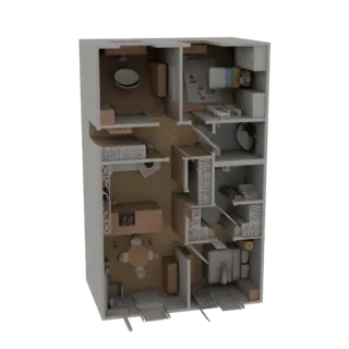 Вид сверху 3D рендера современного интерьера квартиры, показывающий гостиную, кухню и столовую с мебелью.