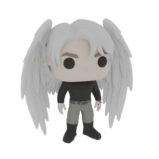 3D модель ангела-воина в стиле Funko Pop с белыми крыльями, темной рубашкой и серыми штанами на черном фоне.