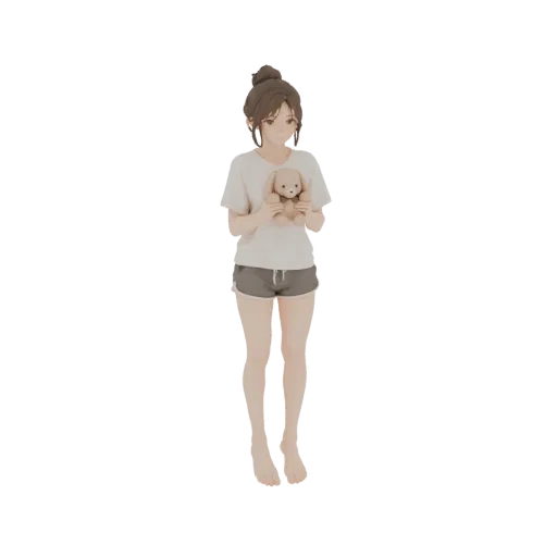 3D модель юной аниме девушки с каштановыми волосами в пучке, в белой футболке и серых шортах, держащая коричневого плюшевого