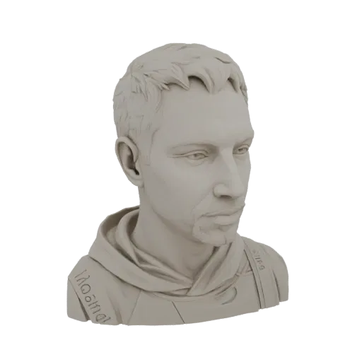 3D рендер реалистичного мужского бюста в толстовке, с детализированными чертами лица и волосами.