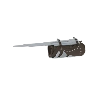 3D model of a fantasy assassin's wrist blade gauntlet with a retractable blade and brown leather straps, set against a white