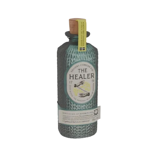 3D модель бутылки джина "The Healer" Ancient Cornish, показывающая текстурное бирюзовое стекло, пробку и детализированную эти