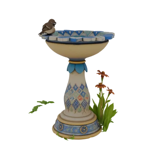 3D модель декоративной купальни для птиц с маленькой птичкой на краю, окруженной цветами и узорами.
