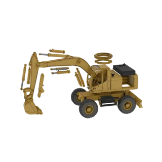 3D модель желтого колесного экскаватора с шарнирной стрелой и ковшом на черном фоне.