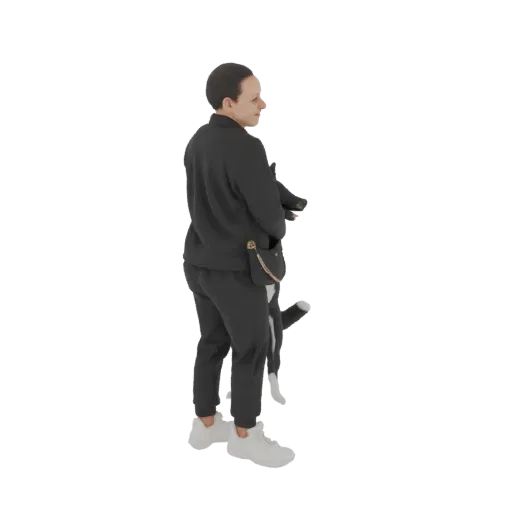 3D модель женщины в черном спортивном костюме, держащей черную и белую кошку, вид сбоку.