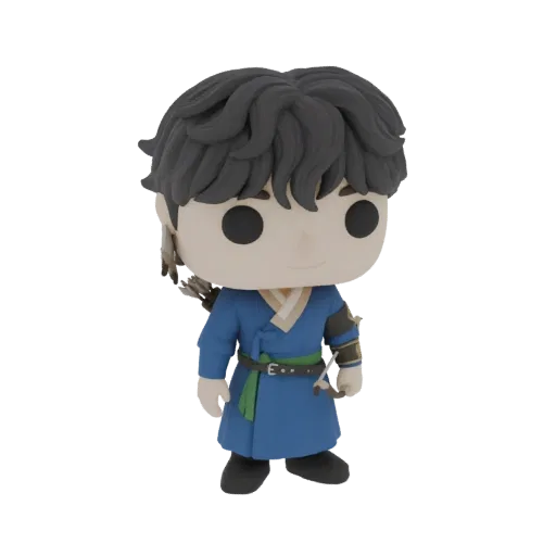 3D модель корейского лучника в стиле Funko Pop, одетого в синий ханбок и держащего лук и стрелы.