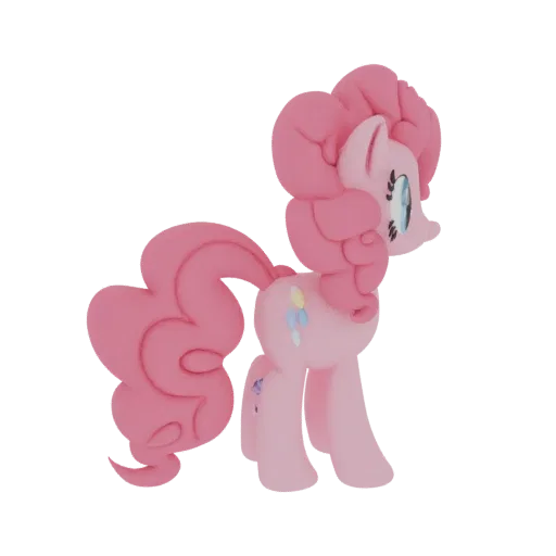 3D модель Пинки Пай, розового персонажа My Little Pony с кудрявой гривой и хвостом, стоящего и улыбающегося.