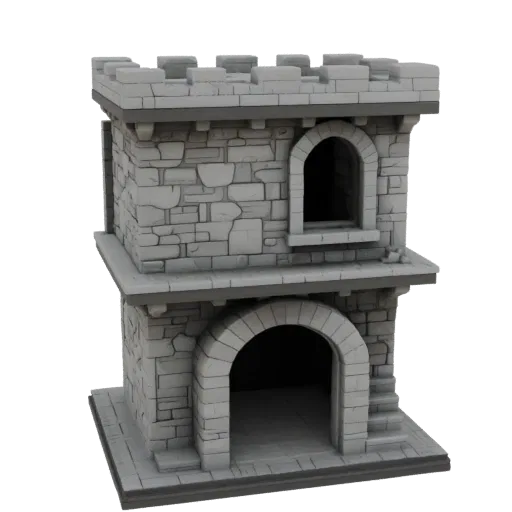 3D модель двухэтажного замка в средневековом стиле с каменной кладкой, аркой и окном