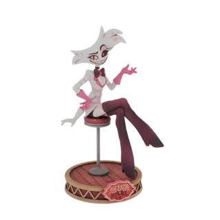 3D модель Ангел Даст из Hazbin Hotel сидит на барном стуле с подставкой 'Hazbin Hotel'.
