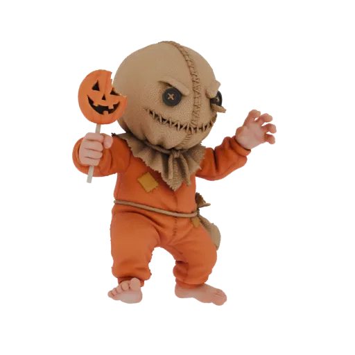 3D модель Сэма из "Trick 'r Treat" в мешкообразном капюшоне и оранжевой пижаме, держащего леденец-тыкву.