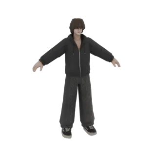 3D model of a young man with brown hair, wearing a black hoodie and dark patterned pants, standing with arms outstretched.