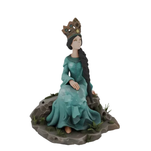 3D модель королевы с короной и длинной косой на камнях, детализированная для покраски миниатюр.