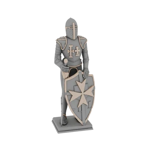 3D модель серо-бежевой статуи тамплиера с мечом и щитом на прямоугольном основании.