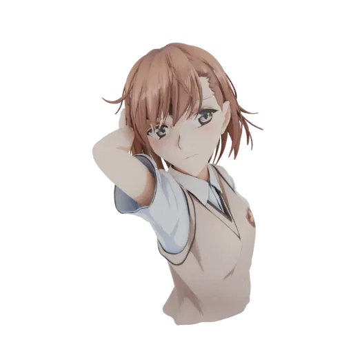 Рендер 3D модели Мисаки Микото из аниме A Certain Scientific Railgun, принимающей позу с рукой за головой.