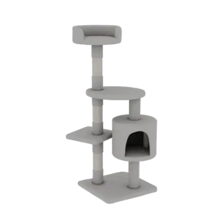3D модель современного серого дерева для кошек с домиком, круглой платформой, квадратной полкой и когтеточками на белом фоне.