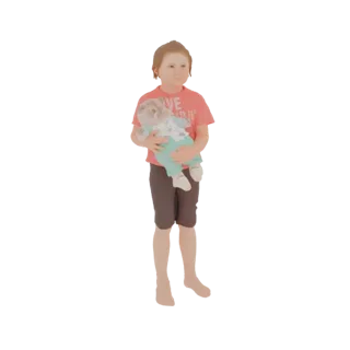 3D модель маленького ребенка в розовой футболке и темных шортах, держащего куклу в светло-голубой одежде.