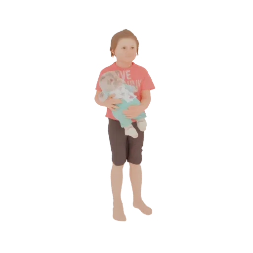 3D модель маленького ребенка в розовой футболке и темных шортах, держащего куклу в светло-голубой одежде.