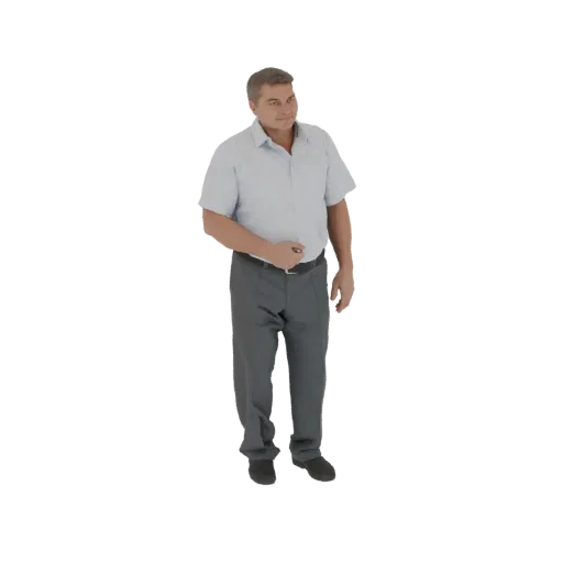 3D модель мужчины стоит в голубой рубашке с коротким рукавом и серых брюках, рука у пояса.