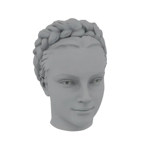 3D модель головы молодой женщины с детализированной прической из кос, показанная в профиль с нейтральным серым покрытием.