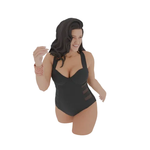 3D модель женщины с темными волнистыми волосами, улыбающейся и одетой в черный слитный купальник с сетчатыми боковыми вставка