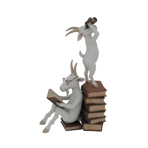 3D модель двух белых козлов, один читает книгу в очках, другой стоит на книгах и смотрит в бинокль.