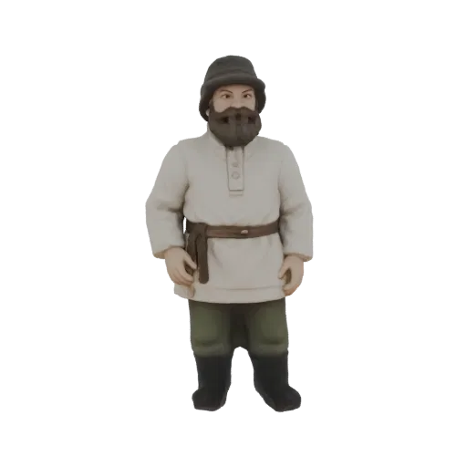 3D модель русского крестьянина в тунике, с ремнем, штанами и шляпой, с густой бородой.