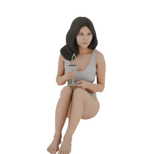 3D рендер молодой женщины с темными волосами, сидящей и держащей бокал вина, смотрящей немного в сторону.