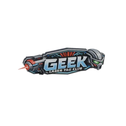 3D модель логотипа Geek Laser Tag Club с футуристическим лазерным пистолетом и шлемом робота.