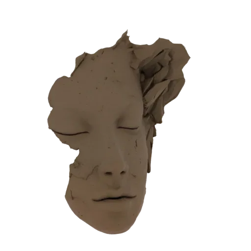 3D модель фрагментированного человеческого лица, вылепленного из глины, с закрытыми глазами и безмятежным выражением.
