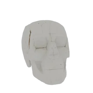 3D рендер абстрактного черепа из геометрических плоскостей, вид под небольшим углом на черном фоне.