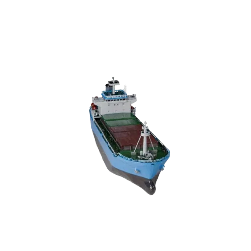 3D модель грузового судна, вид в три четверти в студии, готовый для Blender актив с формой корпуса, планировкой палубы и проп