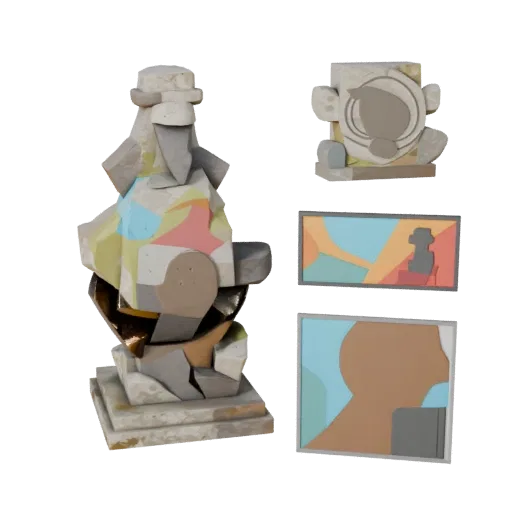 Стилизованная 3D-модель садовой абстрактной скульптуры, предварительный просмотр с силуэтом, вид с трех четвертей
