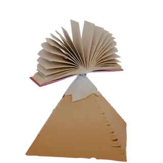 3D модель открытой книги с раскинутыми страницами, балансирующей на вершине картонной пирамиды.