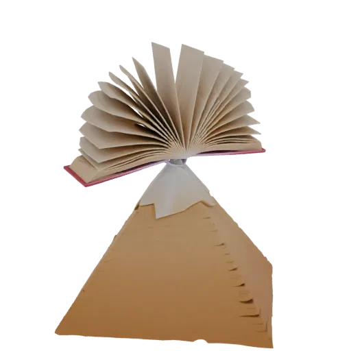 3D модель открытой книги с раскинутыми страницами, балансирующей на вершине картонной пирамиды.