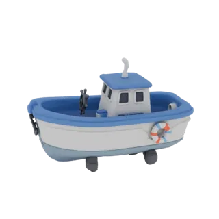 3D модель мультяшной лодки с белым корпусом, синими бортами, рубкой, штурвалом и спасательным кругом