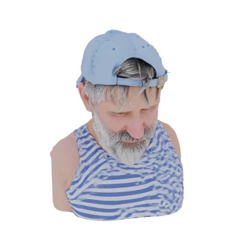 Рендер 3D модели бюста мужчины в синей бейсболке и сине-белой полосатой майке.