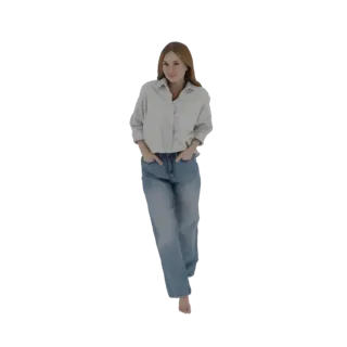 3D model of a woman with long brown hair, wearing a light blue shirt and jeans, walking with hands in pockets.