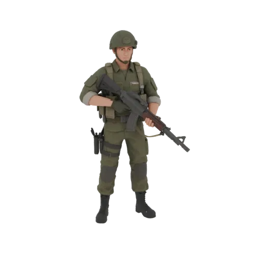 3D модель солдата в зеленой военной форме, держащего в руках автомат, на белом фоне