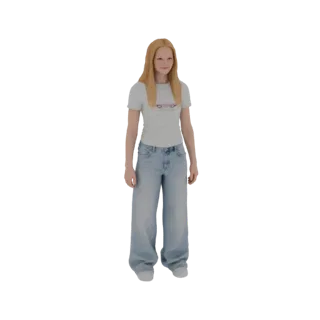 3D модель молодой девушки с светлыми волосами, в белой футболке с принтом и широких джинсах светлого оттенка, стоящей на бело