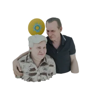 3D-модель бюста любящей пары, женщина спереди в узорчатой рубашке, мужчина позади нее с рукой на плече, сверху декоративная ж