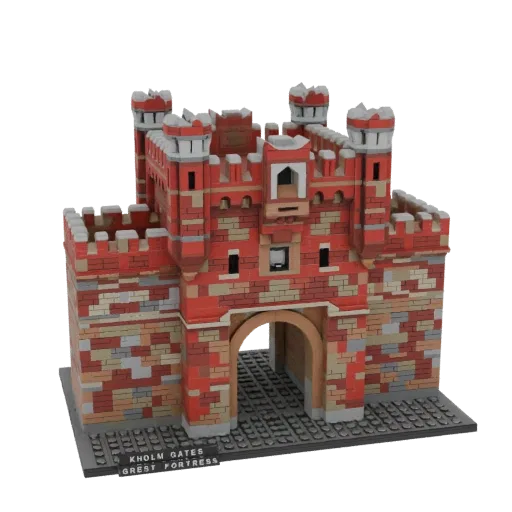 3D модель Крепостных ворот Холм в стиле кирпичиков LEGO, с красными кирпичными стенами, башнями и аркой.