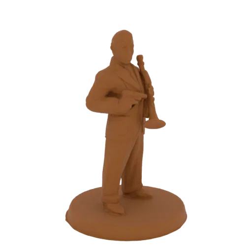 Рендер 3D модели джазового музыканта в костюме, держащего трубу, стоящего на круглой подставке.