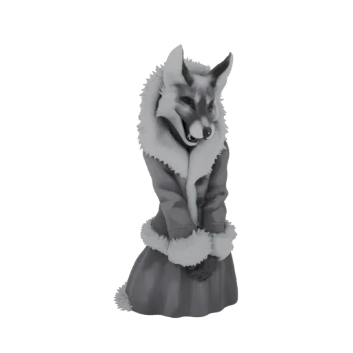 3D модель антропоморфной лисы в зимнем пальто с меховой отделкой, со скрещенными спереди руками.