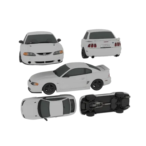 3D модель белого Ford Mustang GT 1996-2000, показанная под разными углами, включая передний, задний, боковой, верхний и нижни
